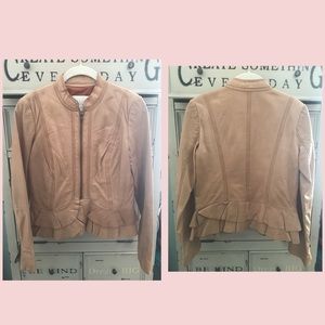 Camel Ruffle Accent Leather Crop Jacket